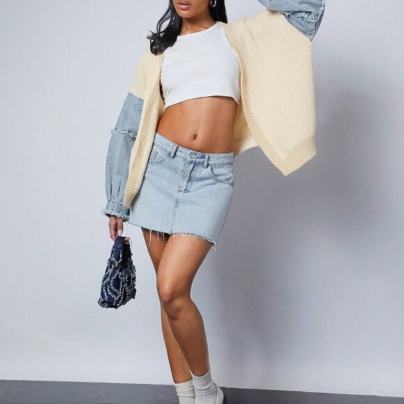 Beige Casual Women's Colorblock Mixed Fabric Sleeve Open Cardigan - Picture 3 of 5